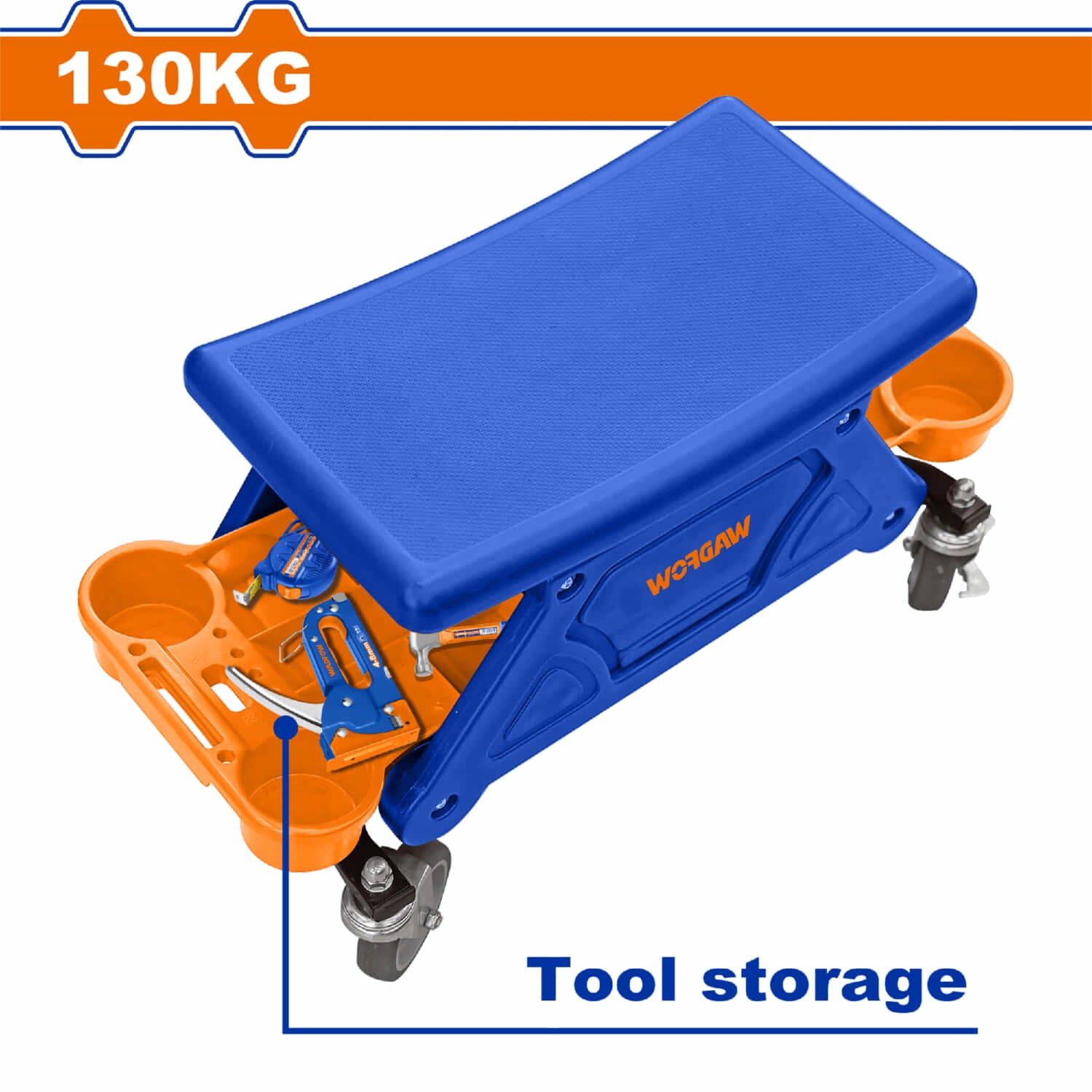 Silla de mecánico con ruedas 4" y bandeja con compartimientos. Carga Max: 130Kg.