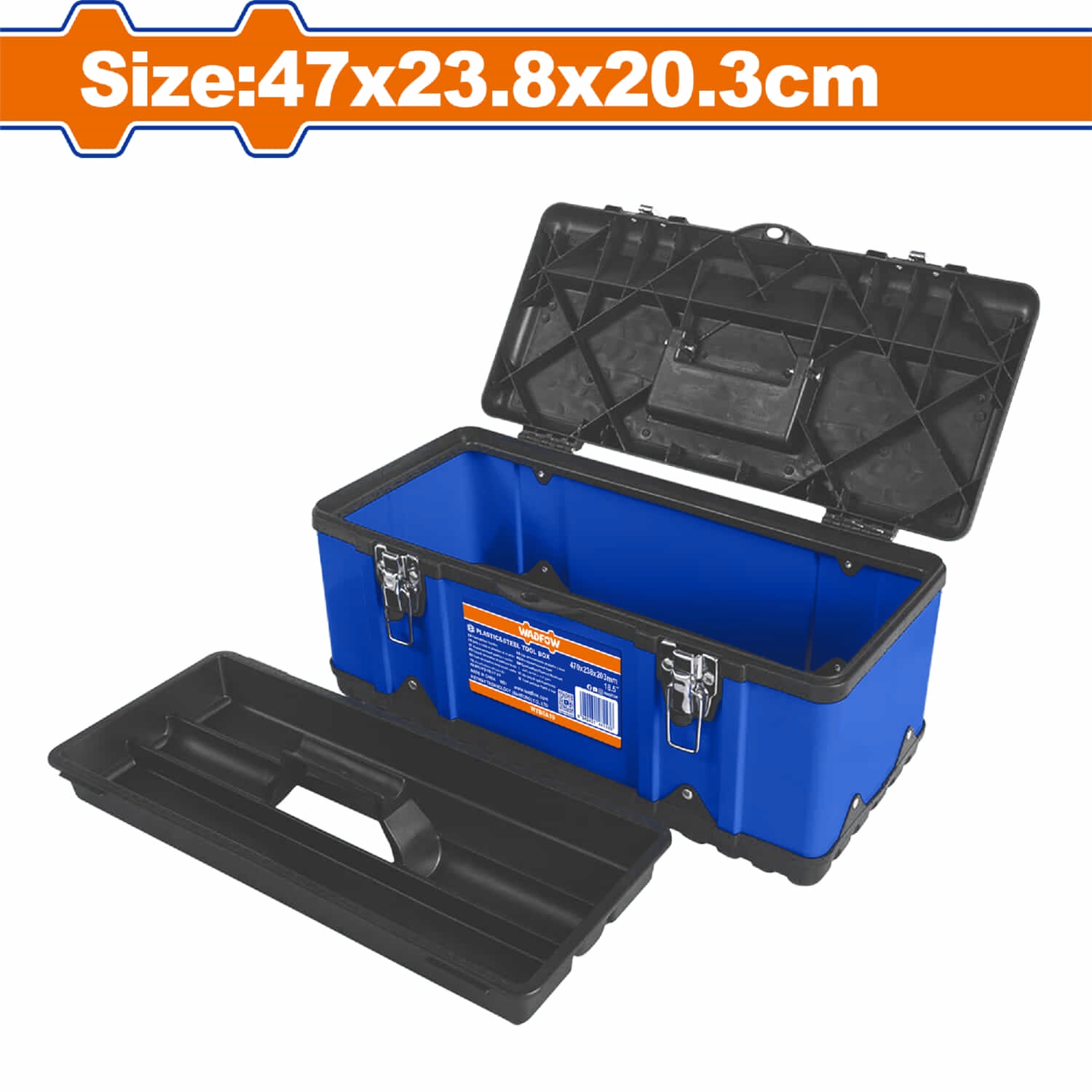 Caja de herramientas de plástico y acero 18.5" Tamaño: 47x23.8x20.3cm Carga máxima: 15kg Incluye bandeja interior.
