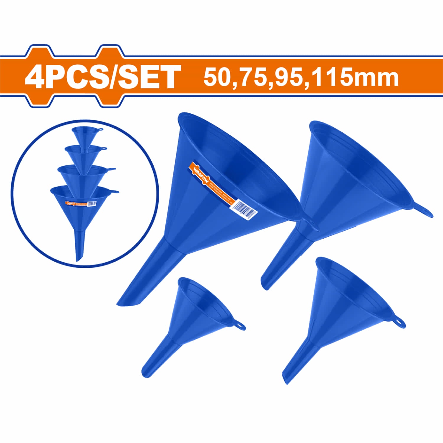 Embudos plásticos Tamaños: φ50, 75, 95, 115 mm Material: PP Set de 4 piezas. Ideal para transferir líquidos.