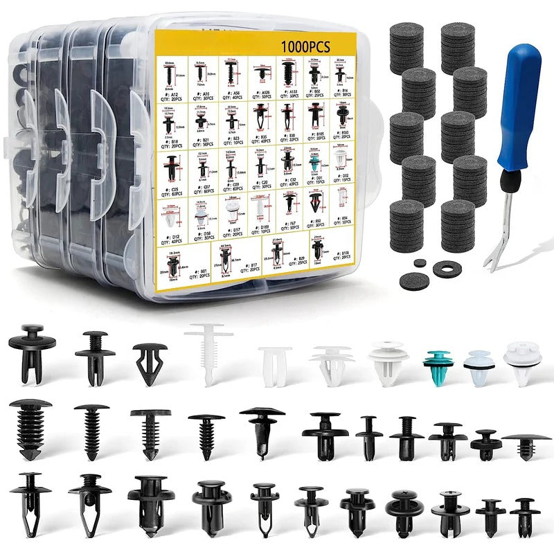 Clips de retención a presión autos, set de 1000 piezas con removedor, 32 tipos de clips.