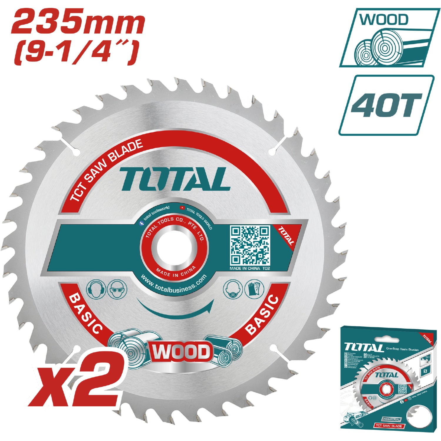 Set de (2pcs) Sierras de corte TCT para madera 235mm (9 1/4") 40T, Mandril de 30mm.