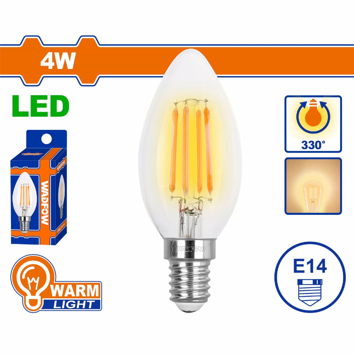 Bombillo Filamento LED 4W 2700K 100~240V/50-60Hz. Luz Cálida. 15000 horas. 470 Lumens. Base E14.