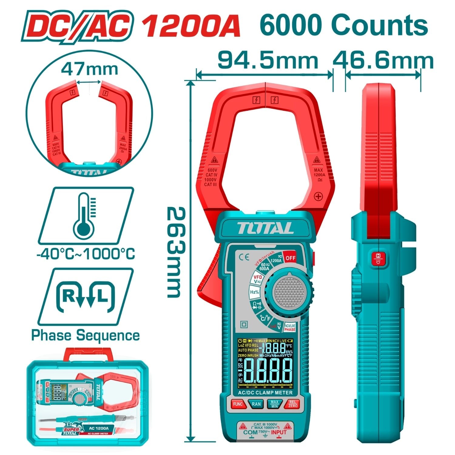 Medidor De Abrazadera Digital AC/DC 1200A, Pinza Amperimétrica Pantalla De 6000 Dígitos. Filtro de paso bajo. Con Retención De Datos.