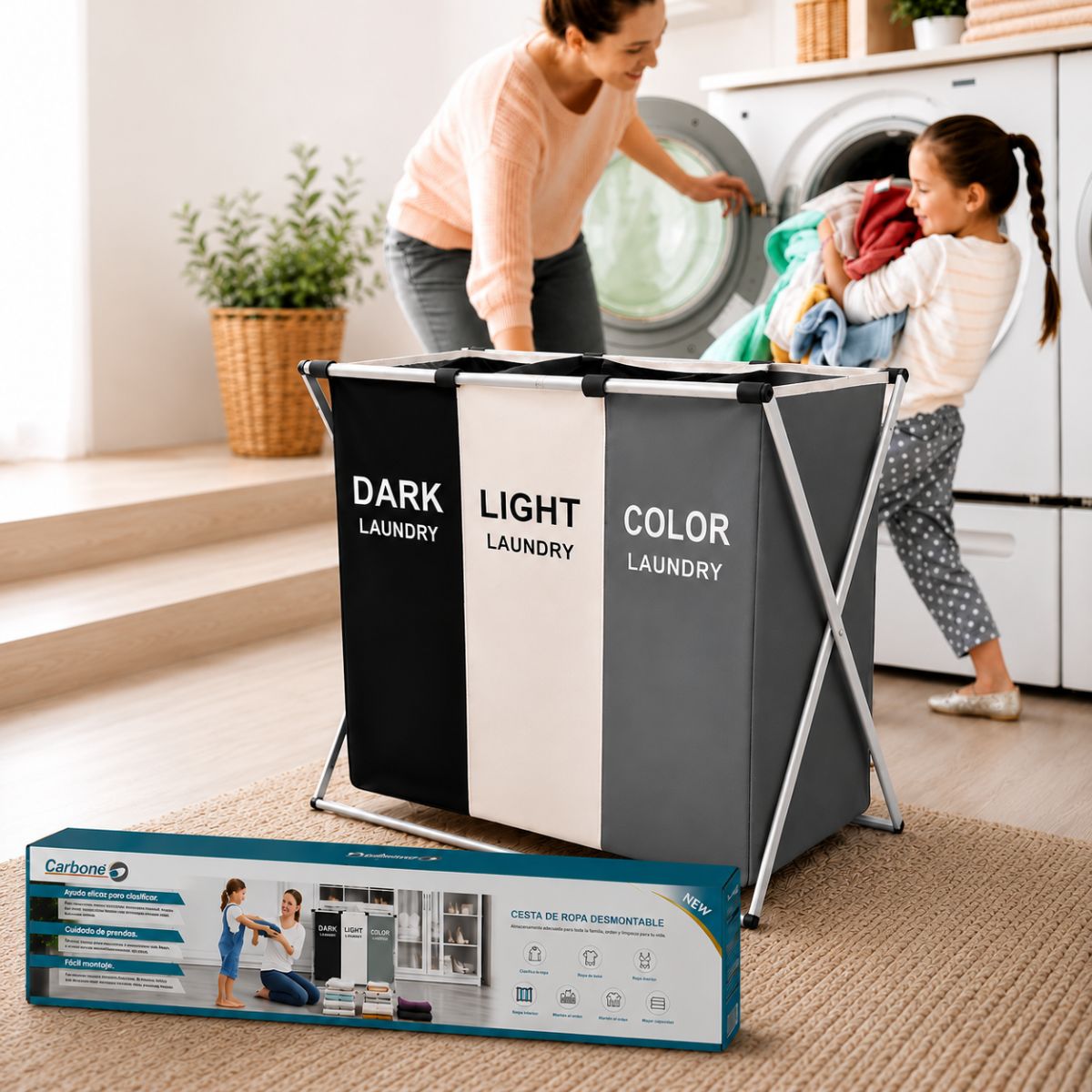 Cesta de ropa sucia plegable Cestos de 3 compartimentos 65x36x58 cm de aluminio plegable desmontable. Canasto Clasificador Para Baño O Lavandería.