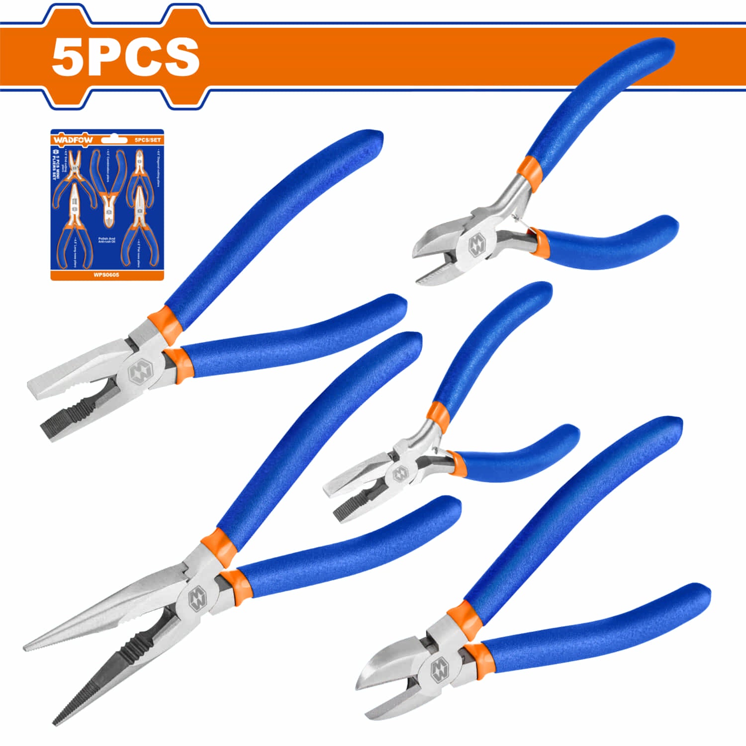 Alicates variados (combinados, punta larga,corte,mini) Pulido y antióxido. Kit 5 piezas.