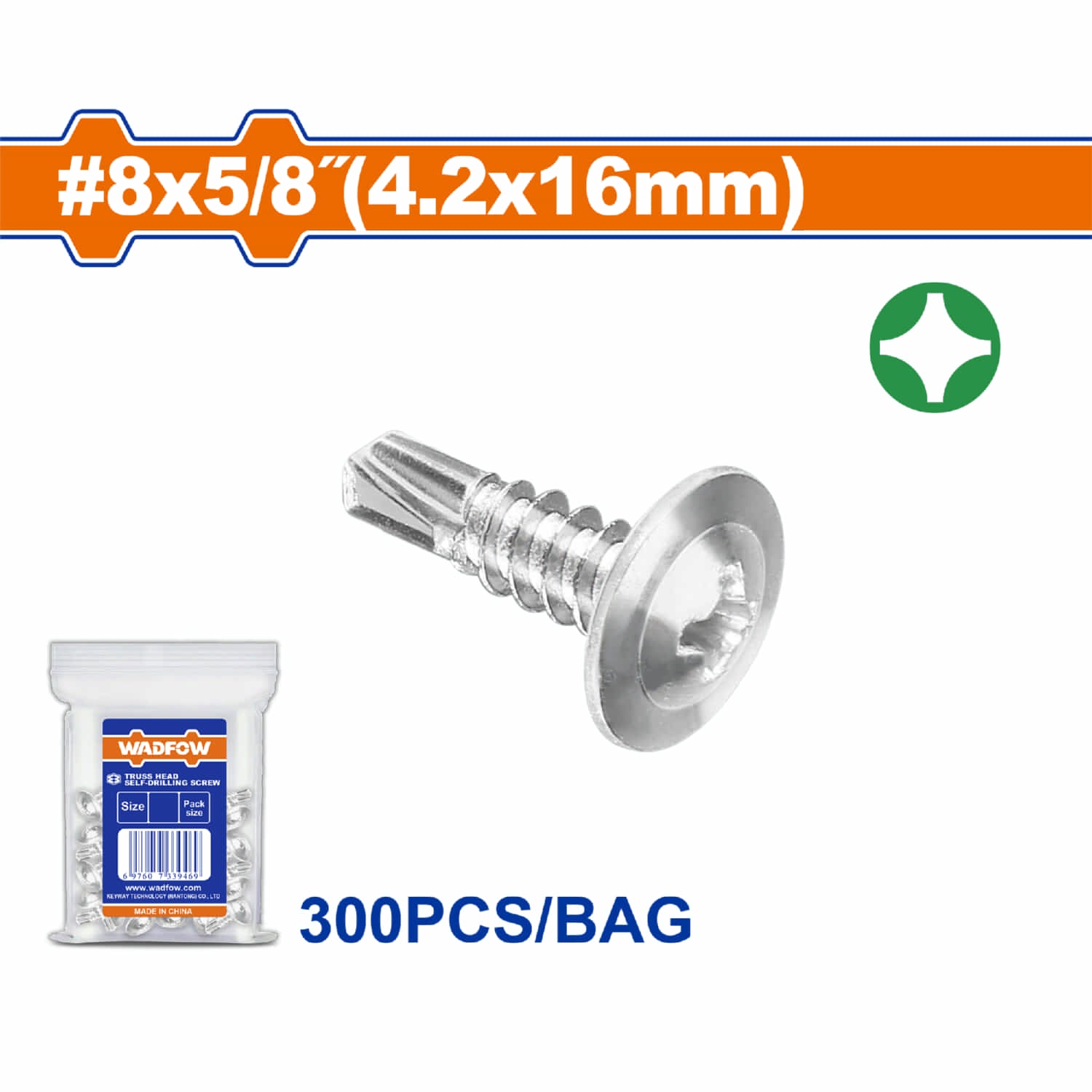 Tornillos punta broca #8x5/8" Phillips Cabeza Truss. Acabado Zinc. Para perforar. (300 piezas)