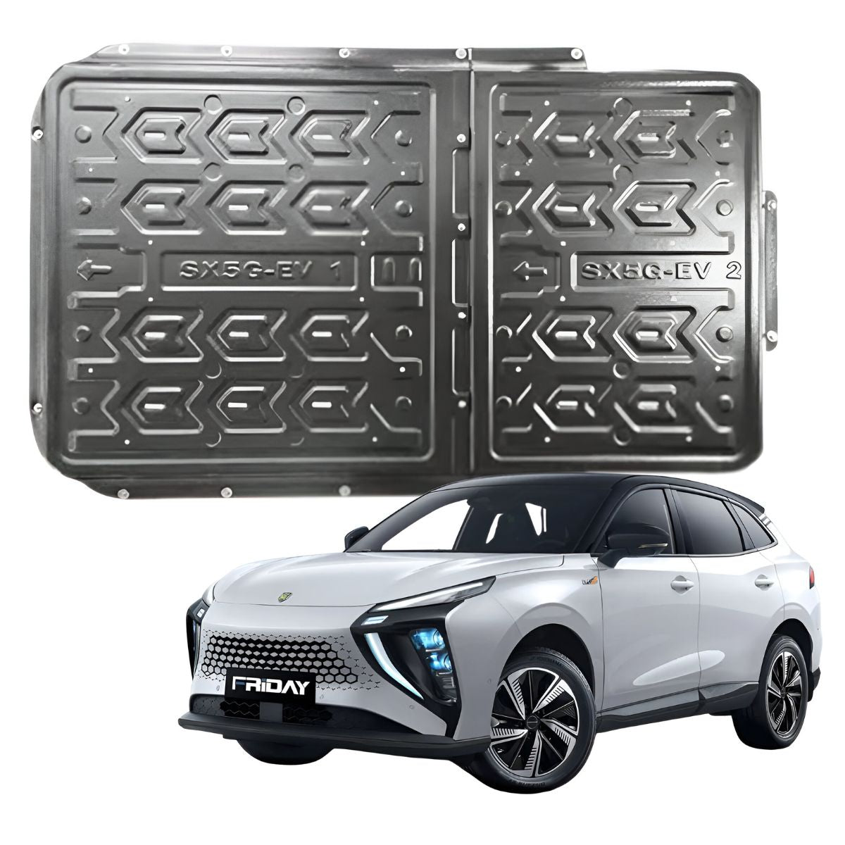 Placa de Protección de Batería para auto Friday Forthing. De acero manganeso con alta resistencia y ajuste preciso. Protector de batería de carro.
