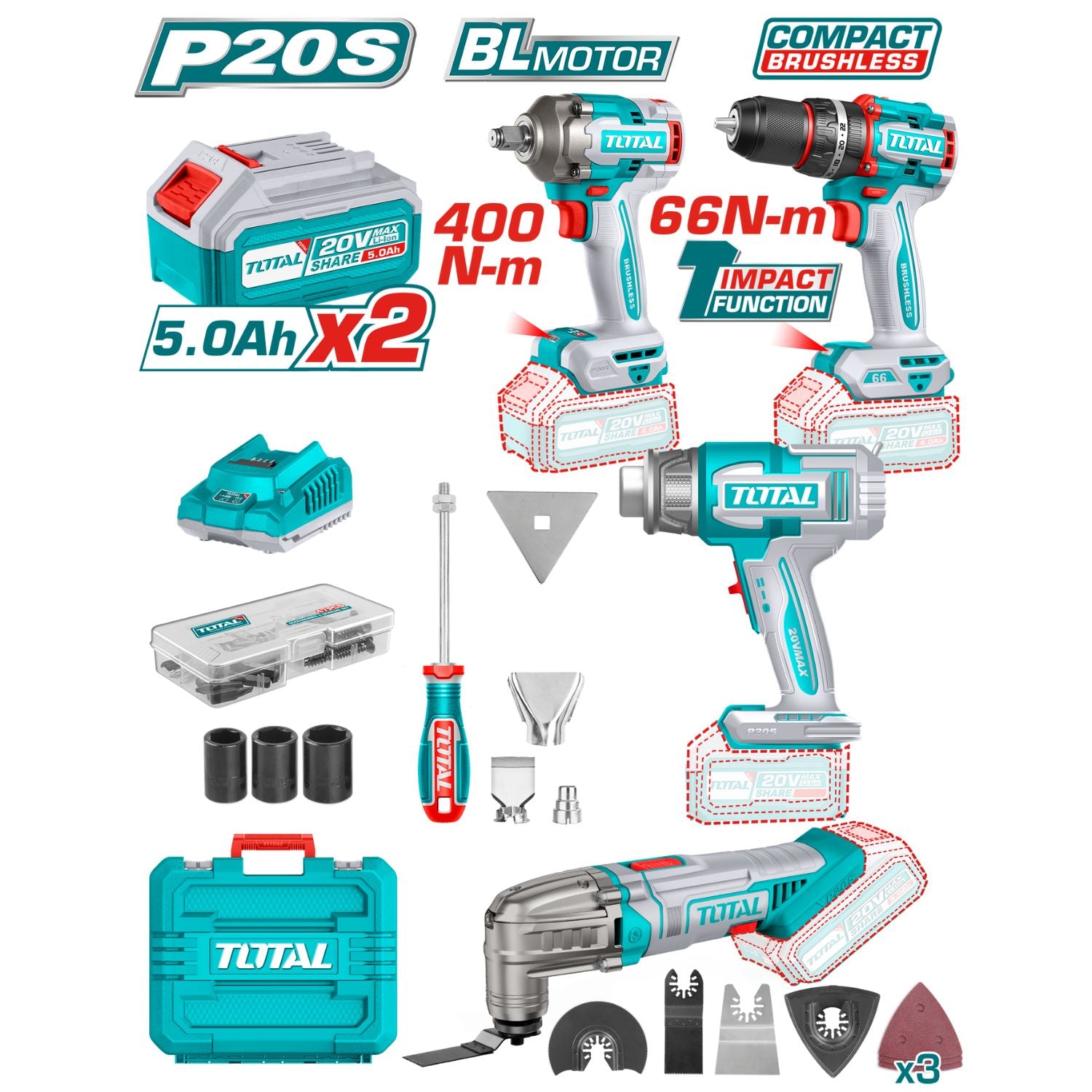 Combo del mes Total 20V Llave de Impacto 20V 1/2” 400Nm. Taladro de Impacto 66Nm 30000 bpm Flexible Multitool 6 veloc. 20000 rpm Pistola de Calor 30-550°C POCAS UNIDADES.