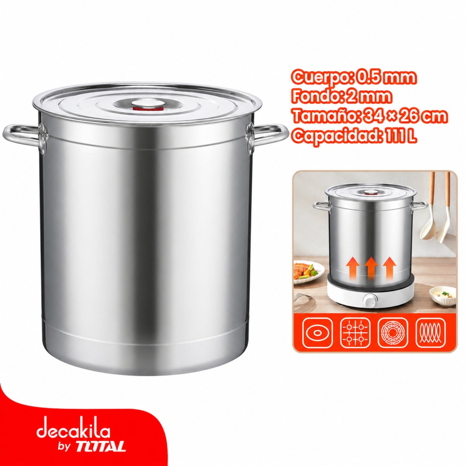 Olla de Acero Inoxidable 111L con Tapa de Vidrio Templado 50 × 48 cm