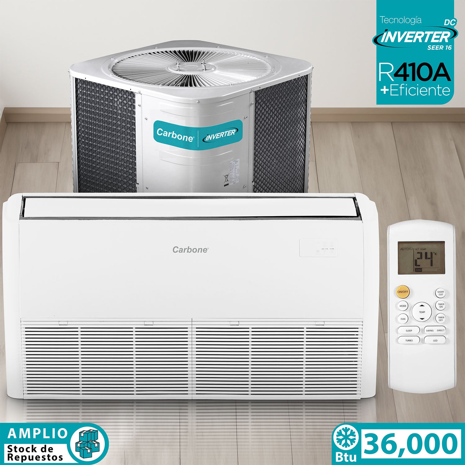 Aire acondicionado Piso Techo Inverter 36,000Btu / 3 TONS R410A Coil de Cobre SEER16