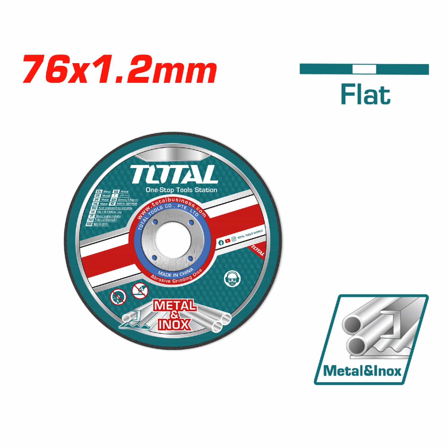 Disco corte 3" de metal y acero inoxidable 76mm(3")x 1.2mm(3/64")x 10mm(25/64") Centro Plano.