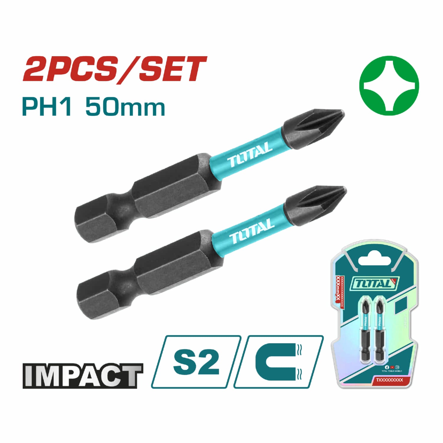 Puntas de Destornillador de Impacto PH1 50mm S2 Set de 2 pzas. Magnético. Tipo Phillips