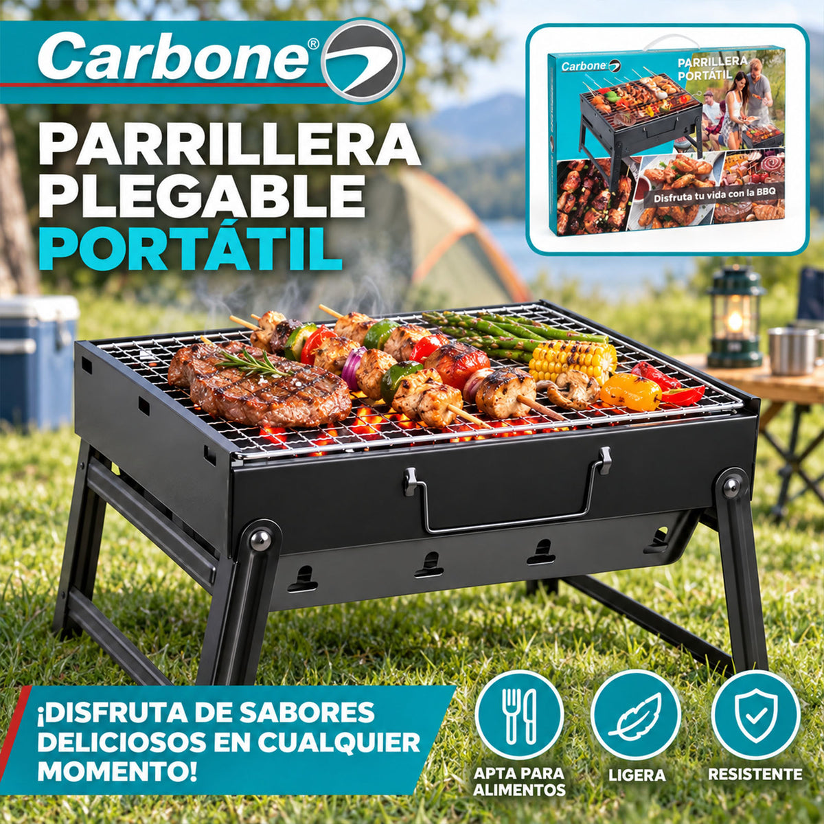 Parrillera portátil de carbón 43x29x22 cm compacta hierro con asas y patas plegables. Asador de Carbón