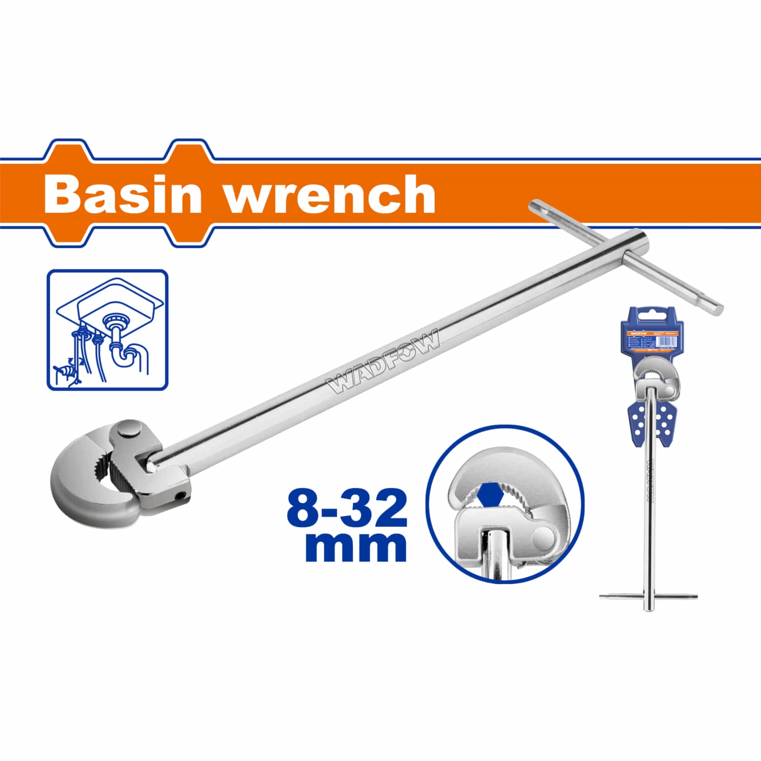 Llave telescópica para lavamanos 250mm/10". Ancho apertura:0-32mm. Mandíbula con resorte. Plomero plomria