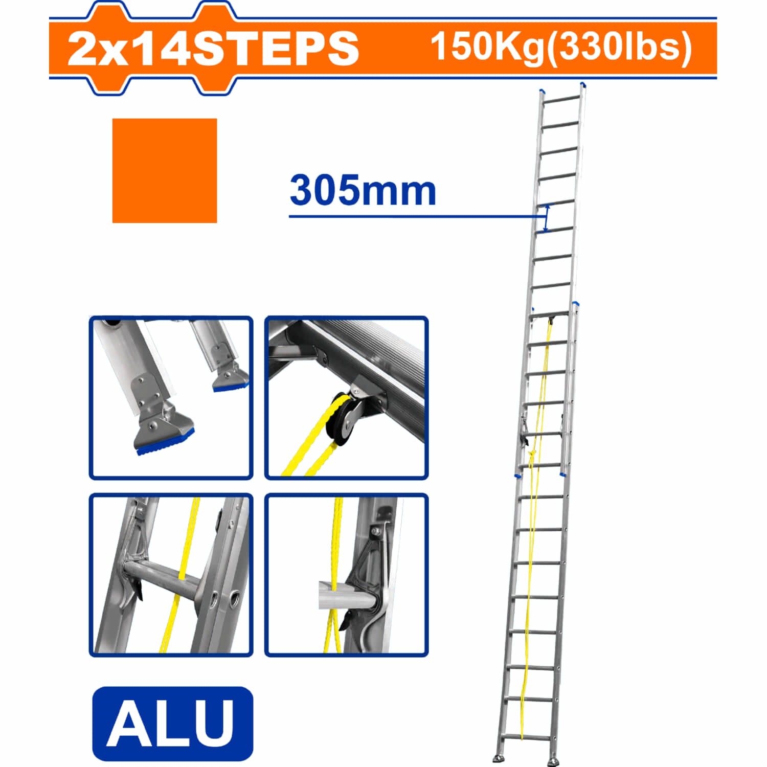 Escalera Extensible 2x14 de Aluminio. Carga máxima: 150Kg. Altura escalon: 305mm.