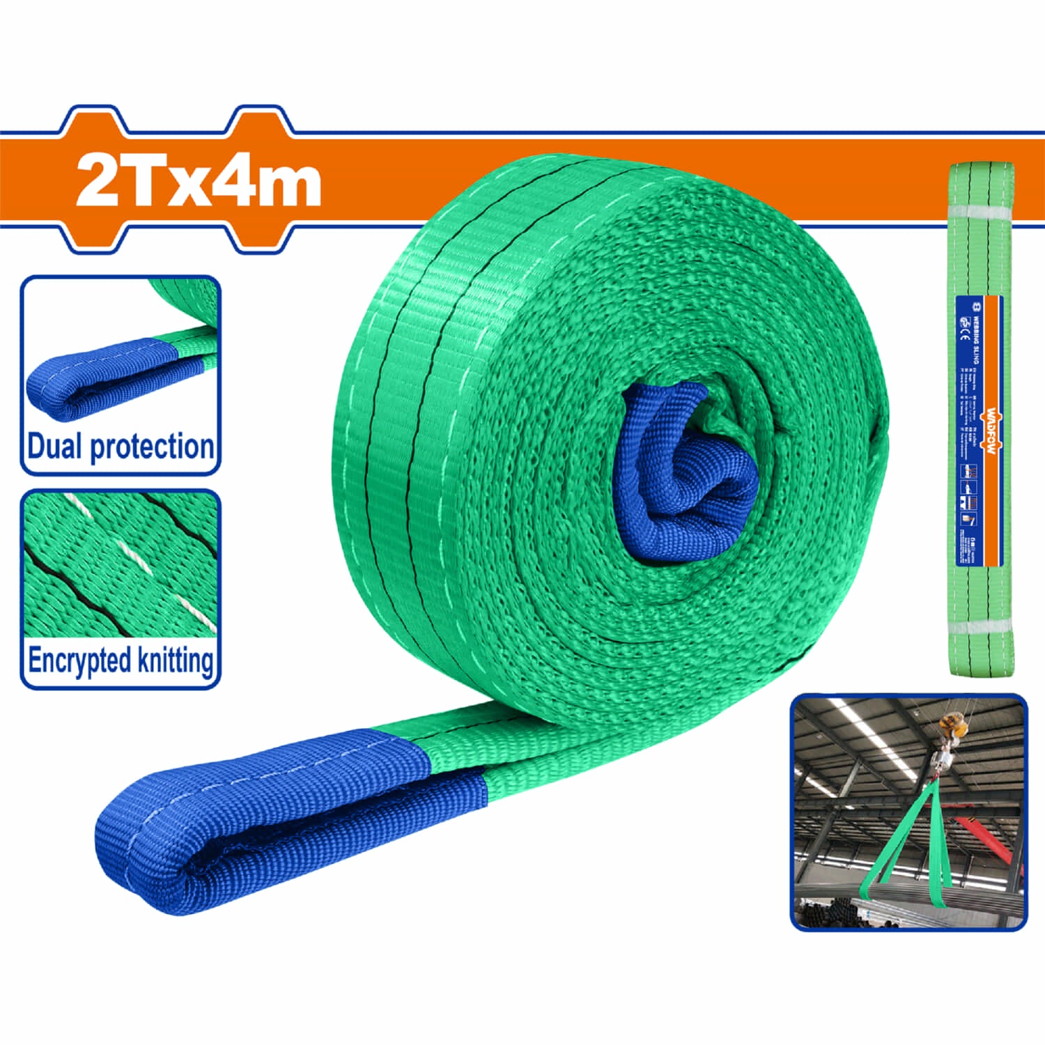 Cinta de Eslinga 2 T x 4m. 2 capas. 100% Poliestér. Seguridad: 5:1. Arnés económico y adaptable.