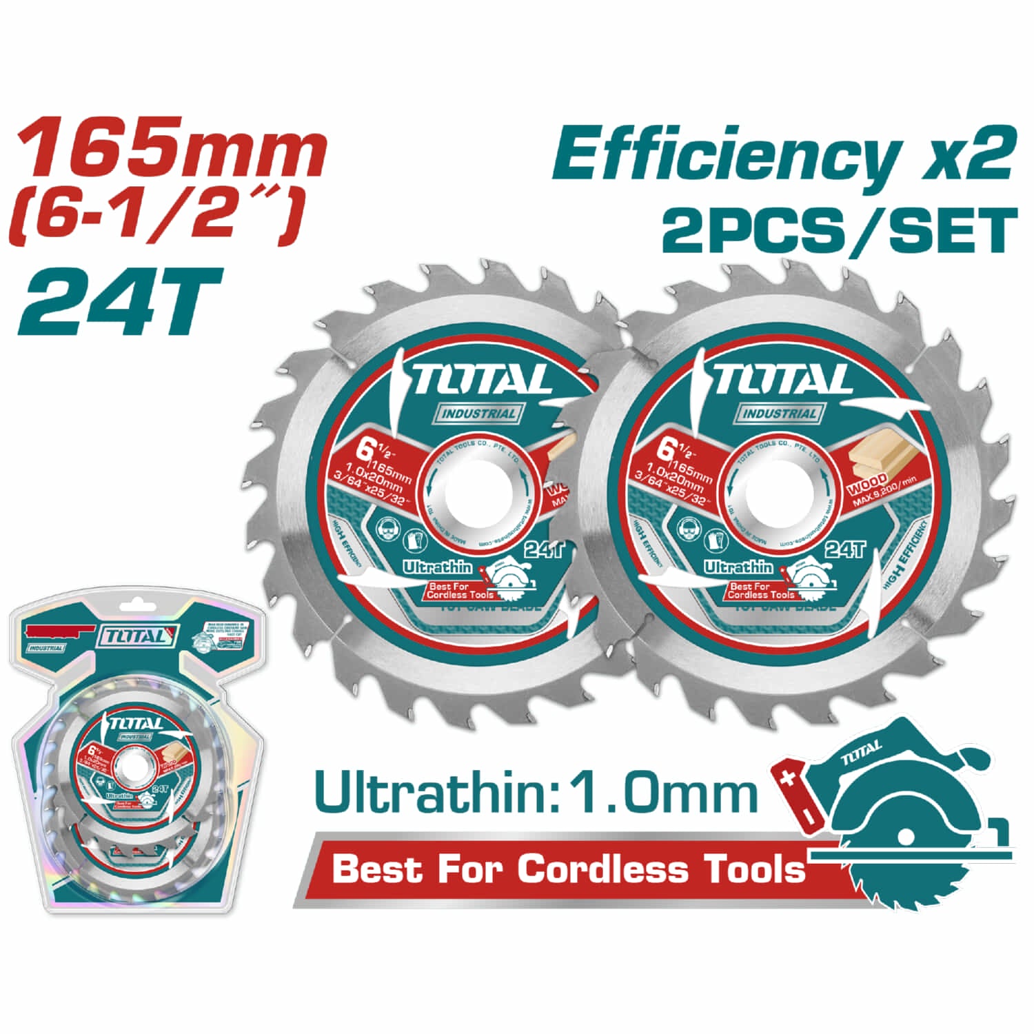 Discos 6 1/2" Sierras Ultra Fina 1.0mm TCT 165mm 24T Set de 2 piezas. Uso Madera. Sierra circular.