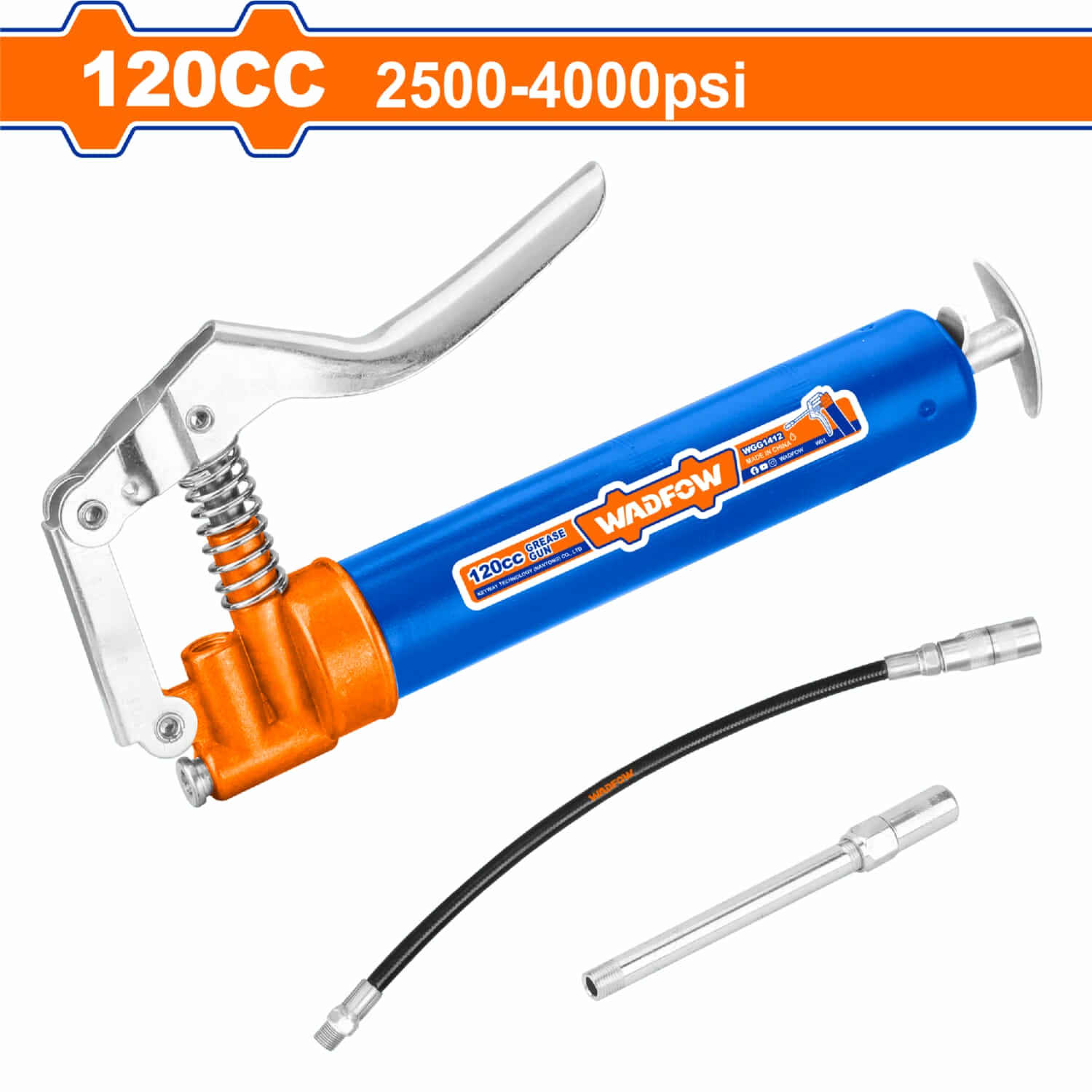 Pistola de grasa 120cc. Presión: 2500-4500psi. Incluye accesorios (manguera y pico metálico)