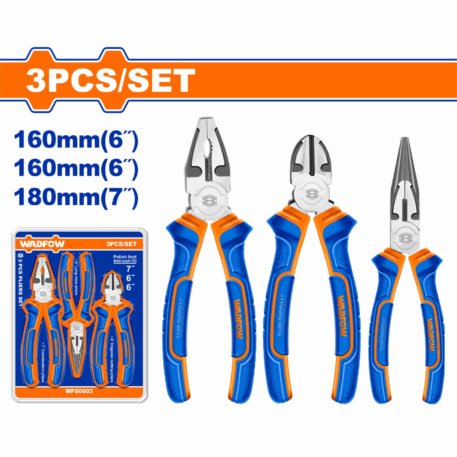 Alicates de 3 piezas combinado 7", punta larga 6", corte diagonal 6". Pulido y antióxido.