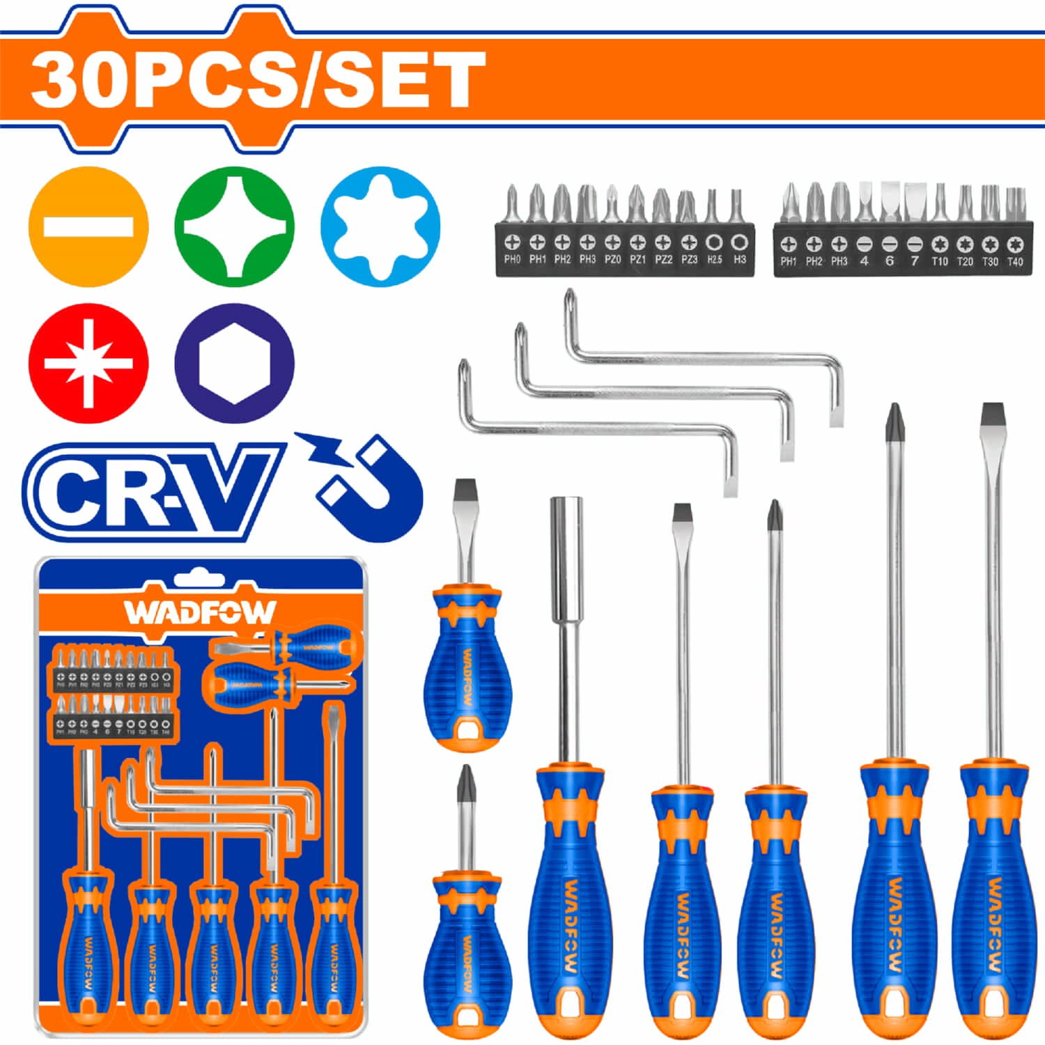 Destornilladores Magnéticos Variados Incluye Puntas. Cr-V. Set 30 piezas. Juego