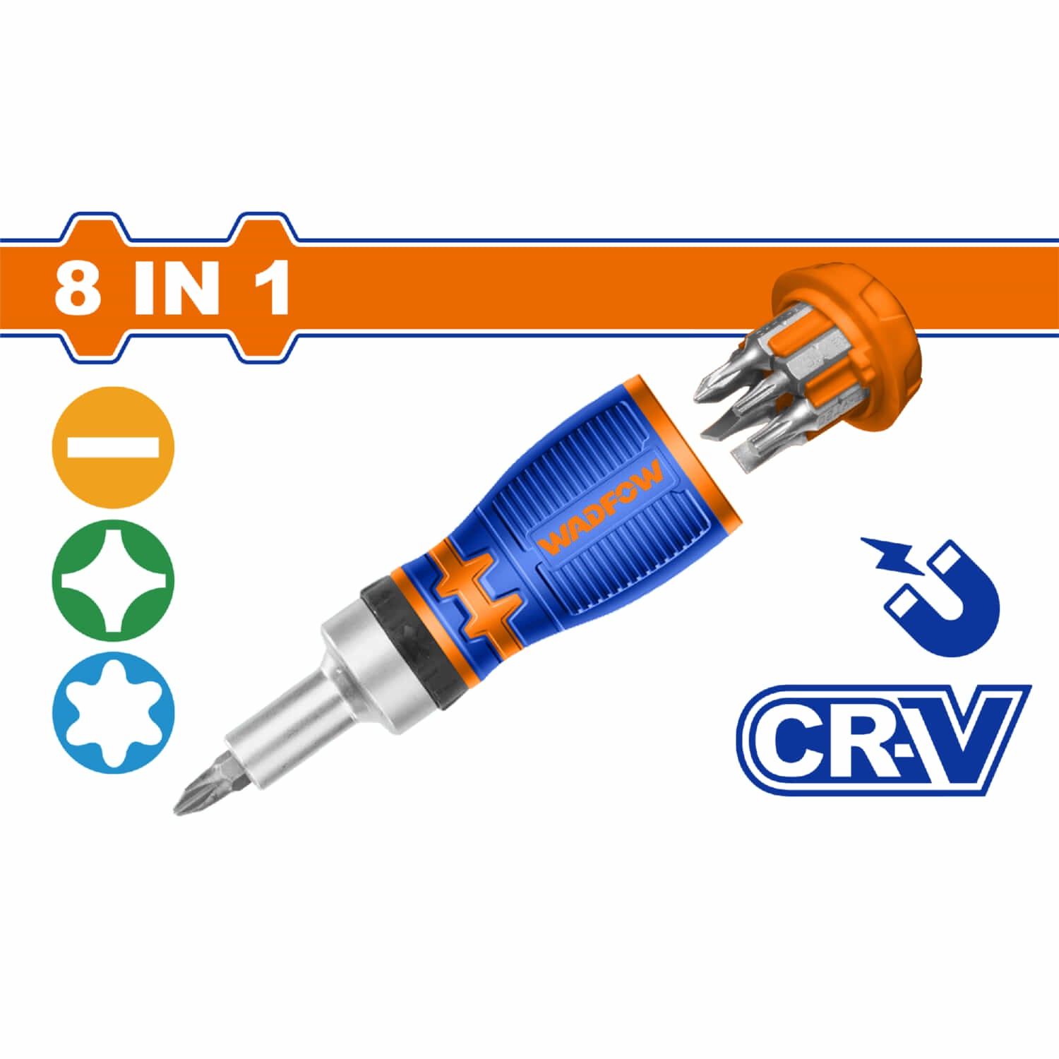 Destornillador Ratchet 8 en 1. Mango ergonómico. 25mm. (SL5,SL6,PH0,PH1,PH2,T10,T20) Magnético.