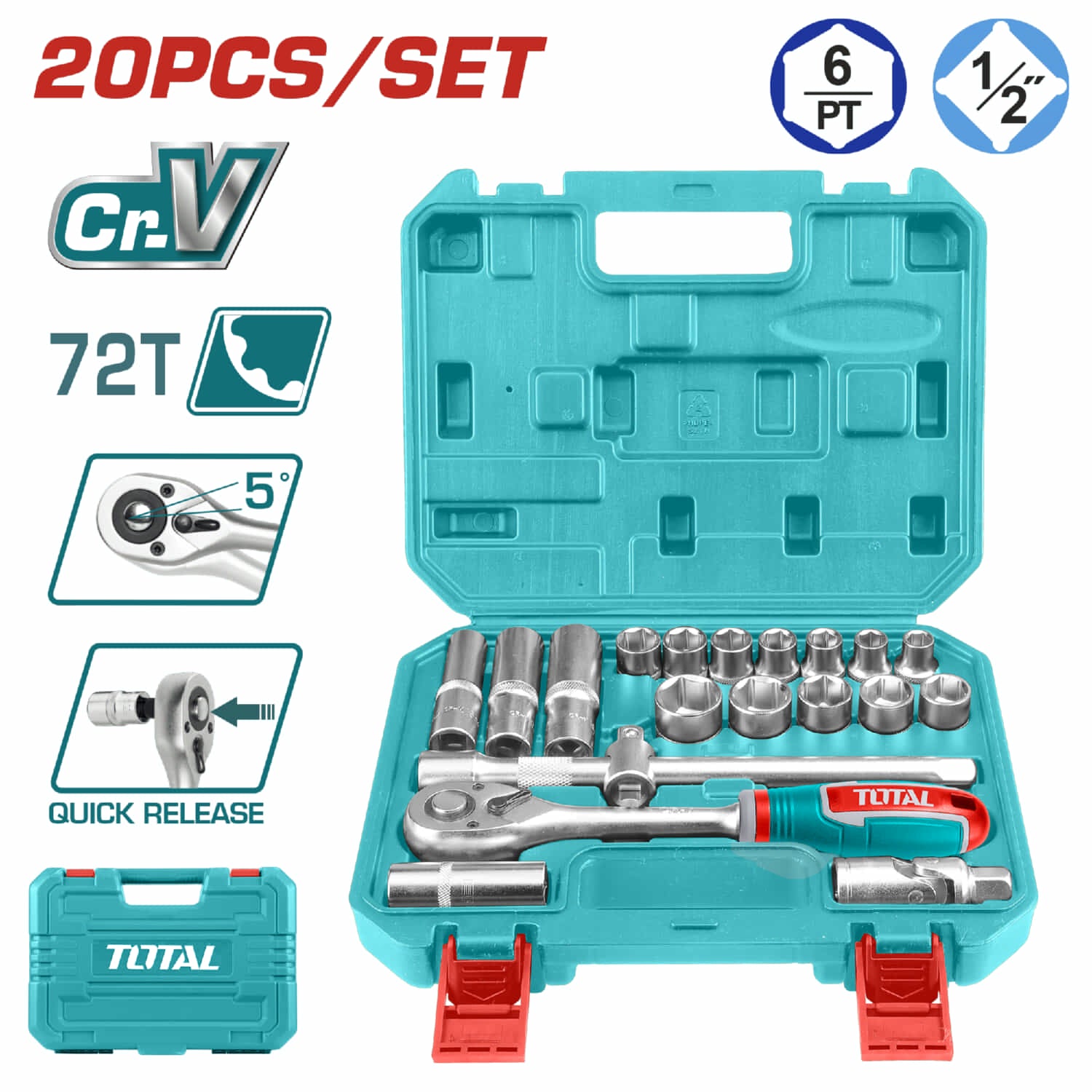 Dados Socket de 1/2" con rachet 20 piezas. Cr-V. Tratamiento térmico. Juego.