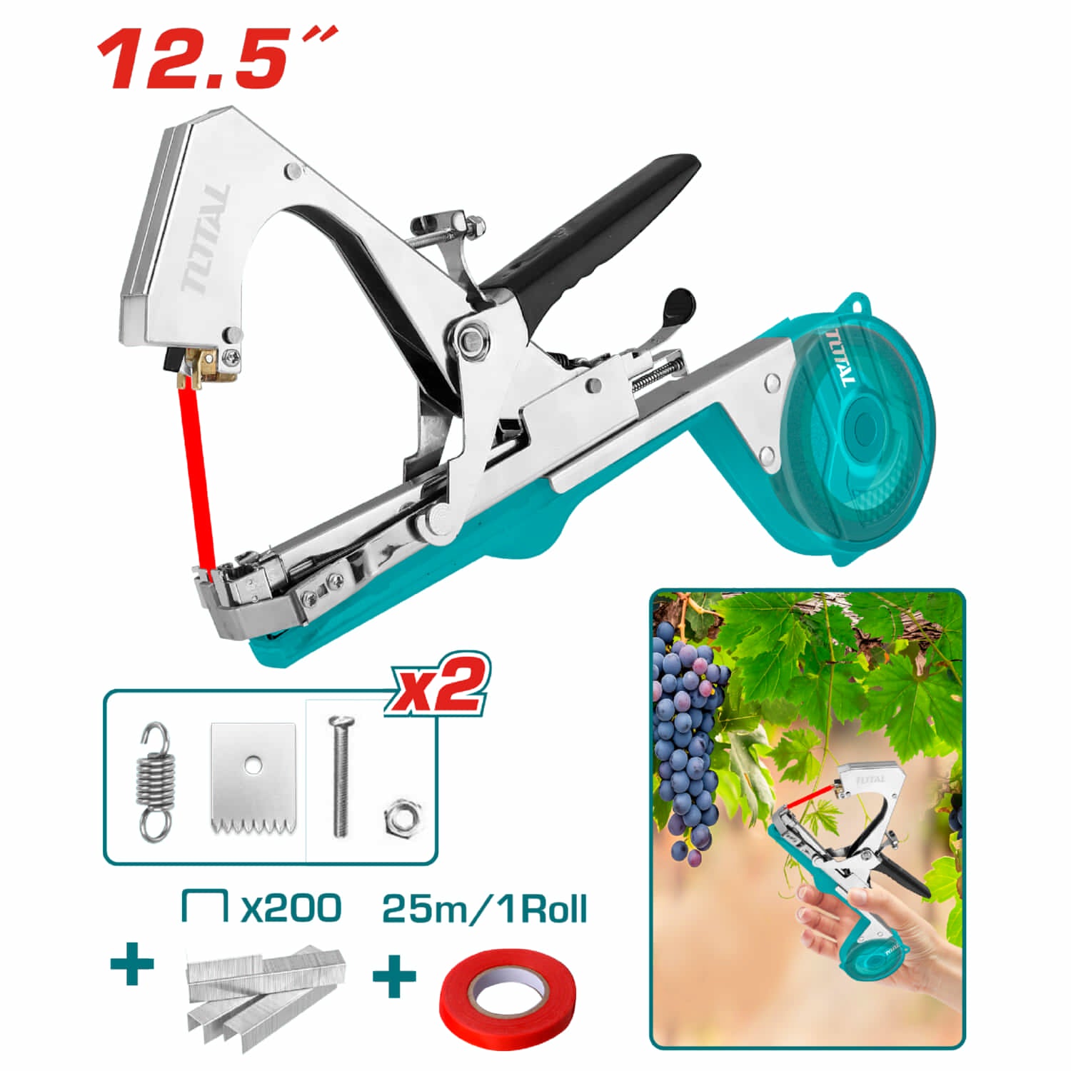 Máquina de atado de plantas agricultura 12.5". Operación con una sola mano. Apertura ajustable.