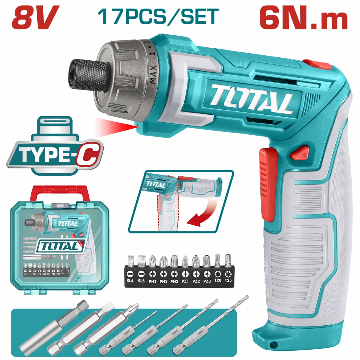 Destornillador inalámbrico 8V 6N.m. 1/4" 220rpm Carga por USB tipo Celular Samsung se vende por separado. Incluye accesorios.