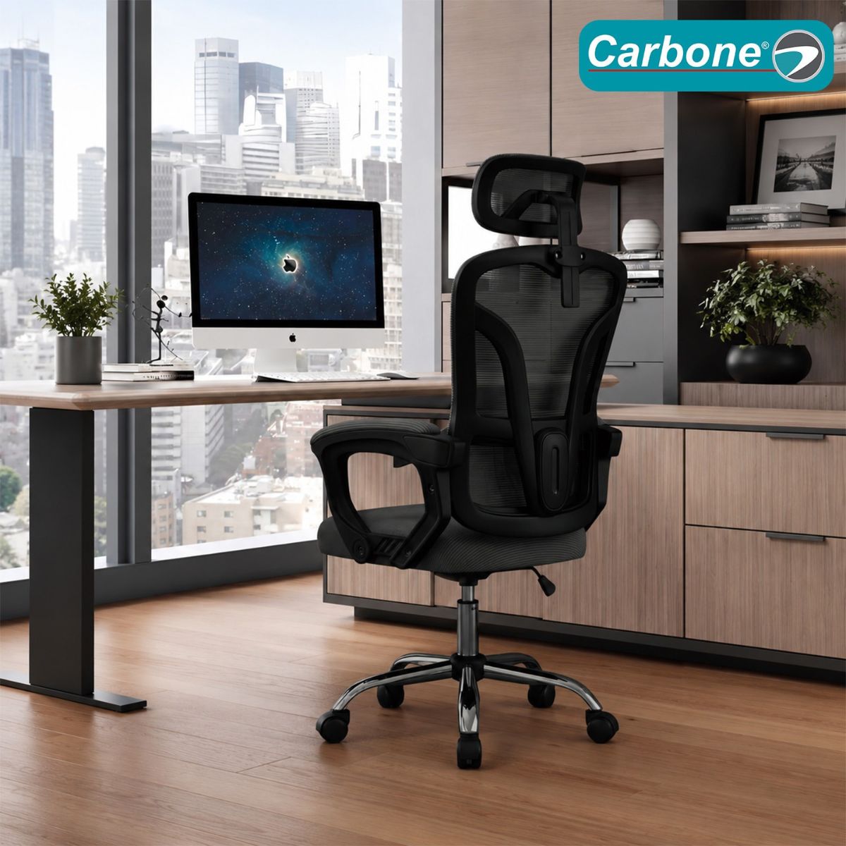 Silla De Oficina Ergonómica Negra Con Respaldo De Malla Y Apoyabrazos Fijo. Silla Cómoda Para Escritorio