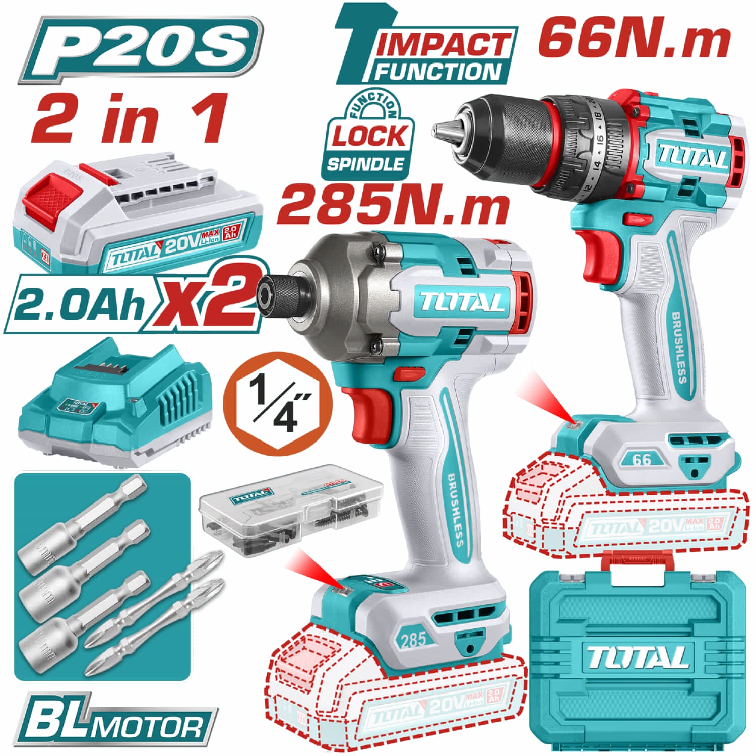 Super Combo Total 20V Taladro Impacto 66Nm y Destornillador Impacto 285Nm20V Inalámbricas Poderosas Y Potentes Con Batería Y Cargador. COMBOS POCAS UNIDADES