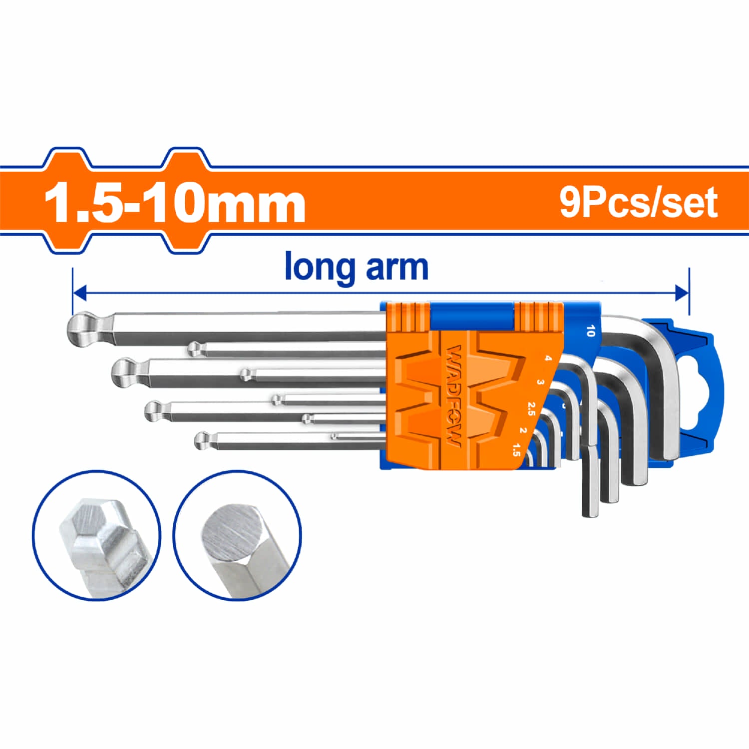 Llaves Hexagonales allen de punta de bola. Brazo largo de 9 pzas. 1.5-10mm. Cr-V (Juego)