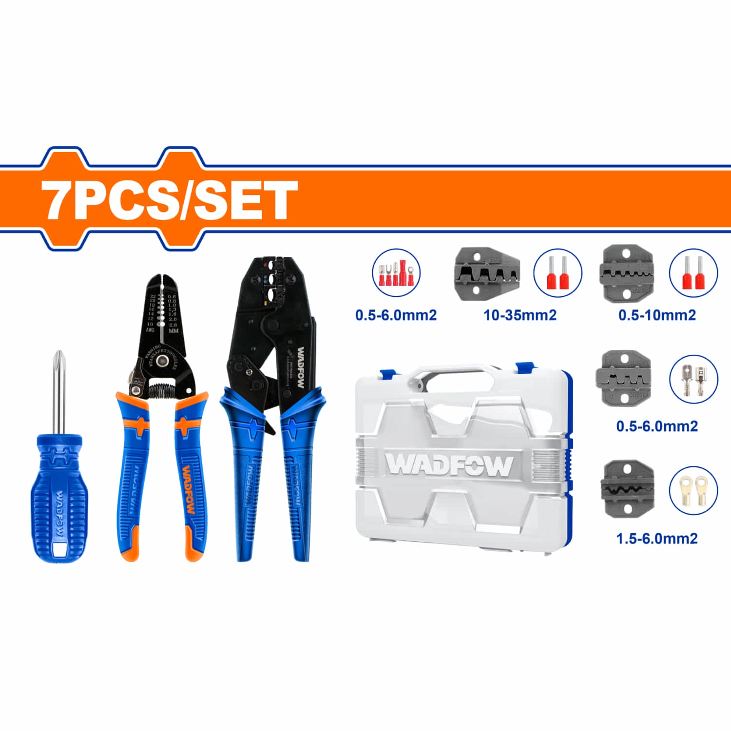 Alicates para crimpar conectores eléctricos. 7 pzas. (Matracas,destornillador, pelacable)Juego