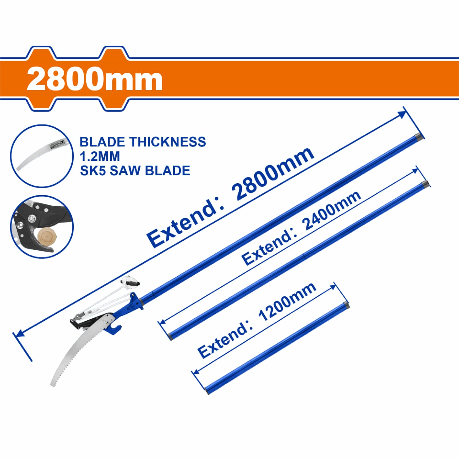 Sierra de podar extensible 2.8m Diámetro Corte: 25mm SK5 Dientes 3 bordes. Ideal para cortar ramas. Vara extencion de poda