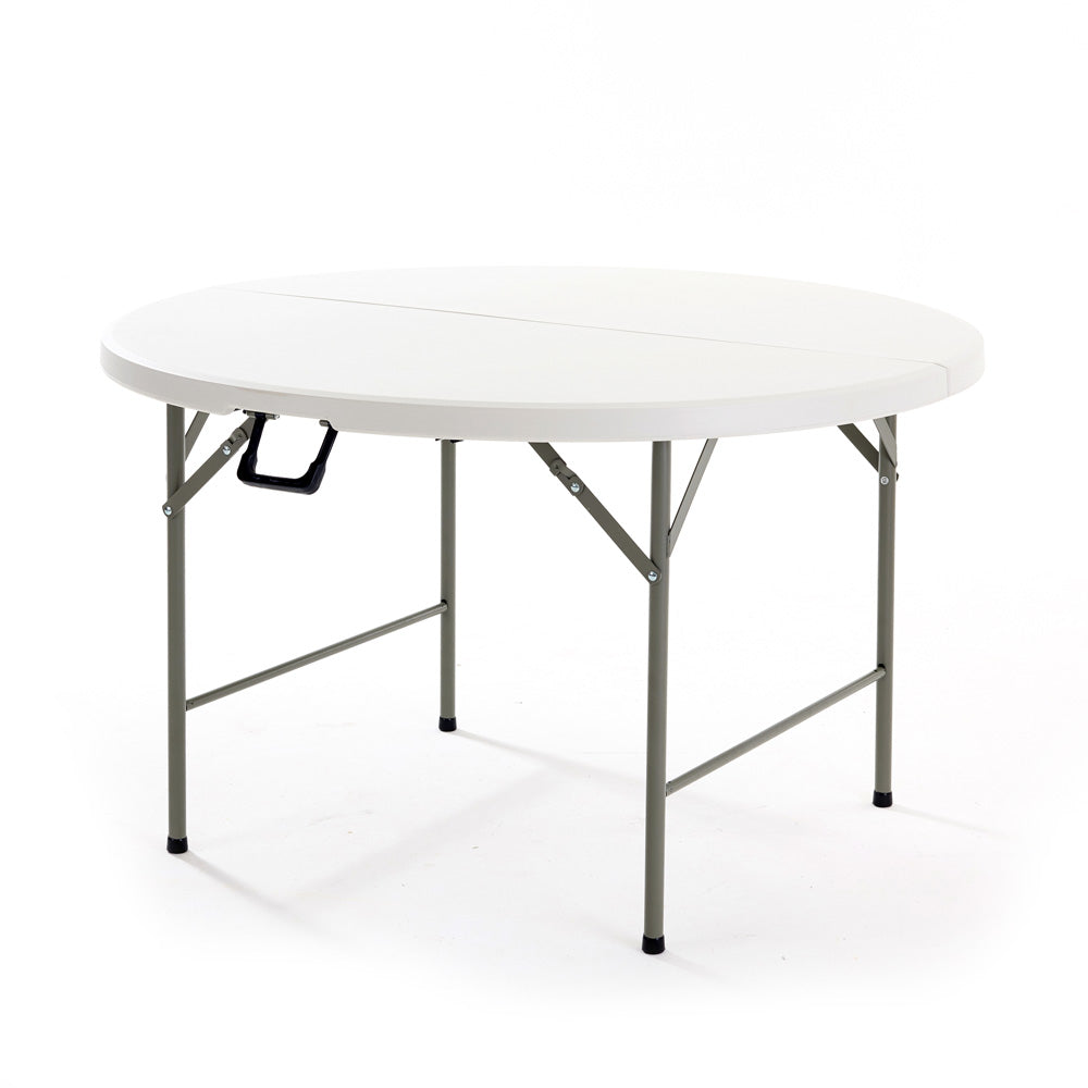 Mesa plástica plegable redonda 47" de diámetro (120 cm) (HDPE) con marco de acero revestido.