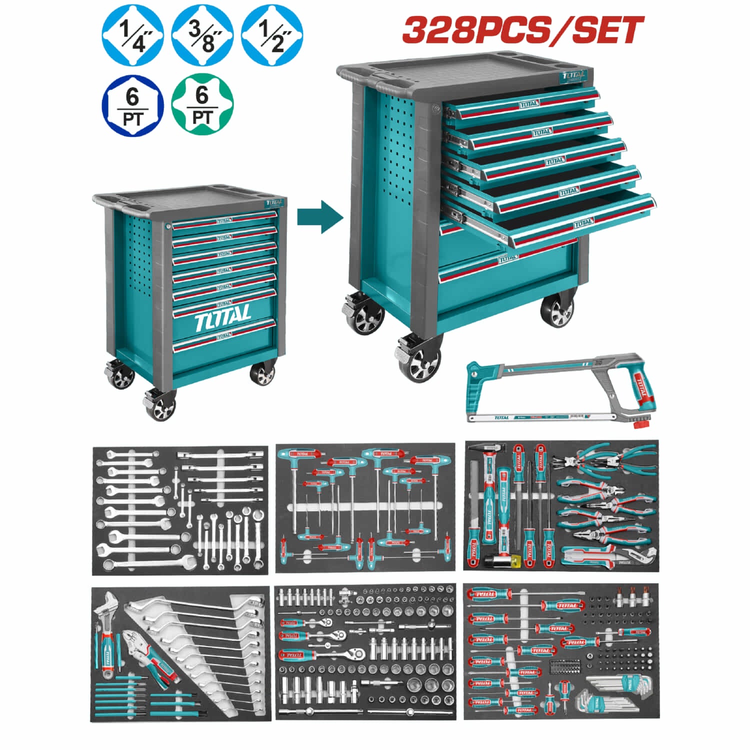 Caja de herramientas variada en caja de herramientas 7 niveles y una base. Incluye 328 piezas. Juego kit carrito ruedas trolley
