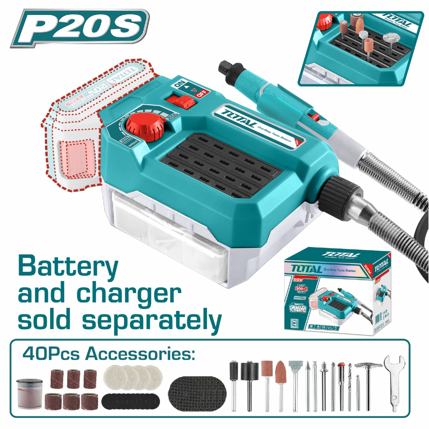 Moto Tool Inalambrico 20V. Batería y cargador se venden por separado. Incluye 40 Accesorios.