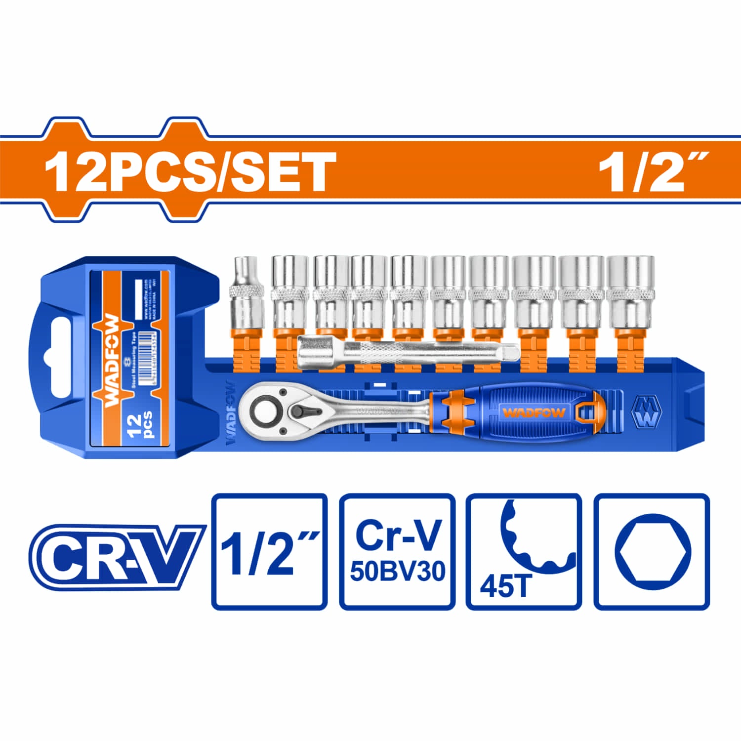 Dados socket ratchet 1/2" 12 pzs. CR-V. 45 dientes. (Incluye: socket, barra de extensión) Cromado (Set)