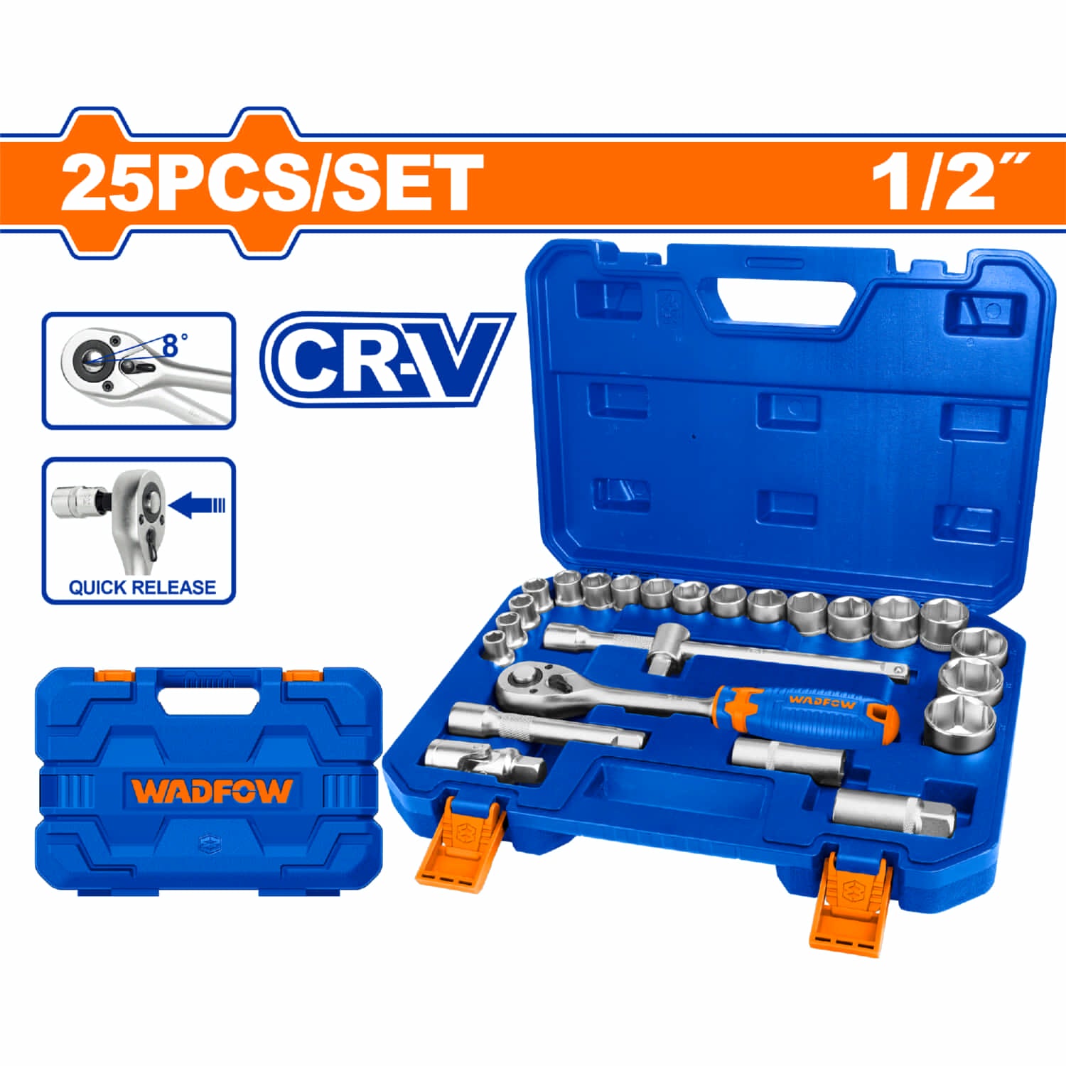 Ratchet con Socket dados 25 piezas 1/2". CR-V. Tratamiento térmico. Se vende en Juego.