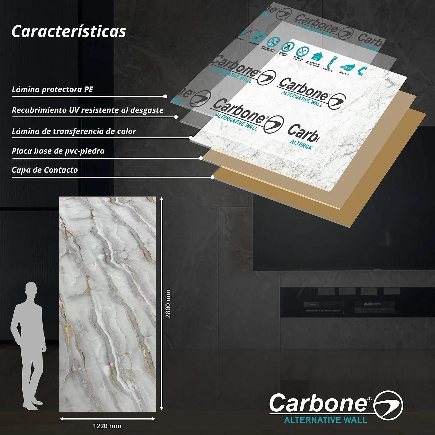 Panel Decorativo Mármol PVC 1.22 m x 2.80 m x 3 mm Grey Gold. Láminas de PVC para paredes y techo.