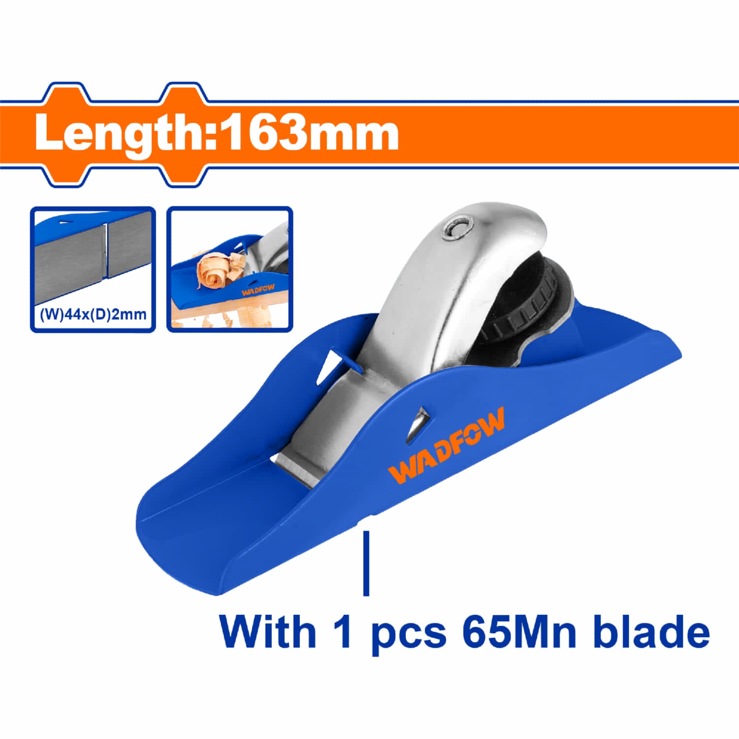 Cepillo de madera de acero. Longitud: 163mm. Cuchilla de 65MN. Ancho de cepillado: 44mm
