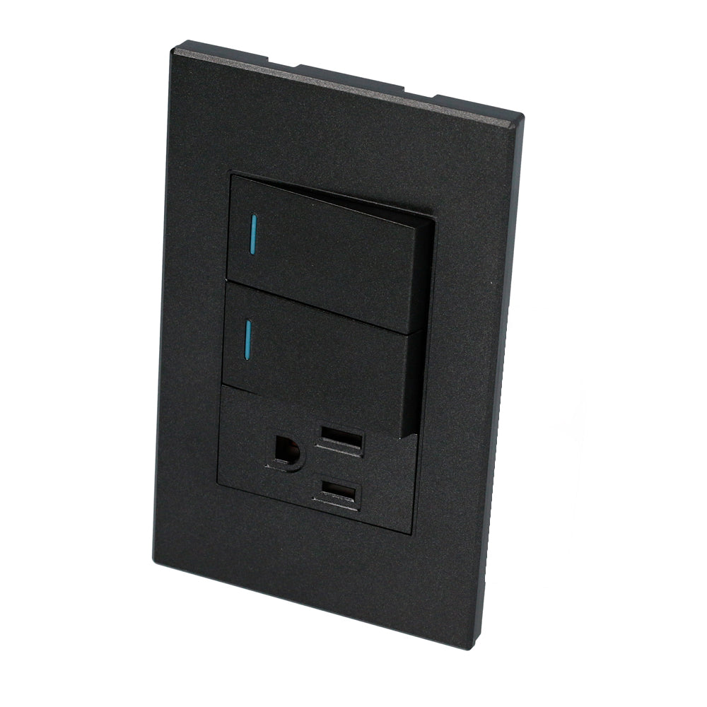 Interruptor/Enchufe con 2 apagadores 1 contacto negro 1/3 Surtek.