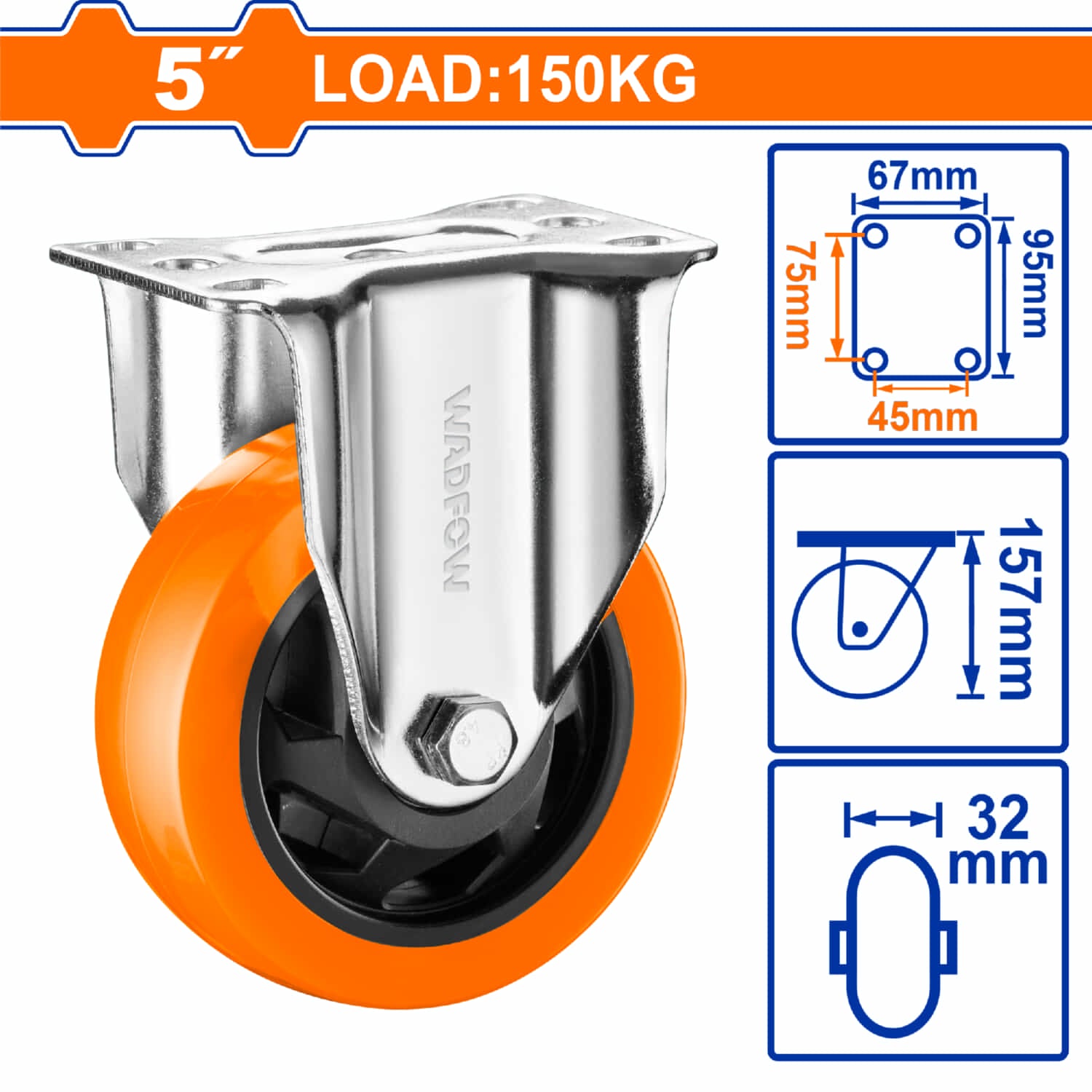 Rueda giratoria rígida 5" Serie trabajo pesado Carga 150Kg Poliuretano PU naranja