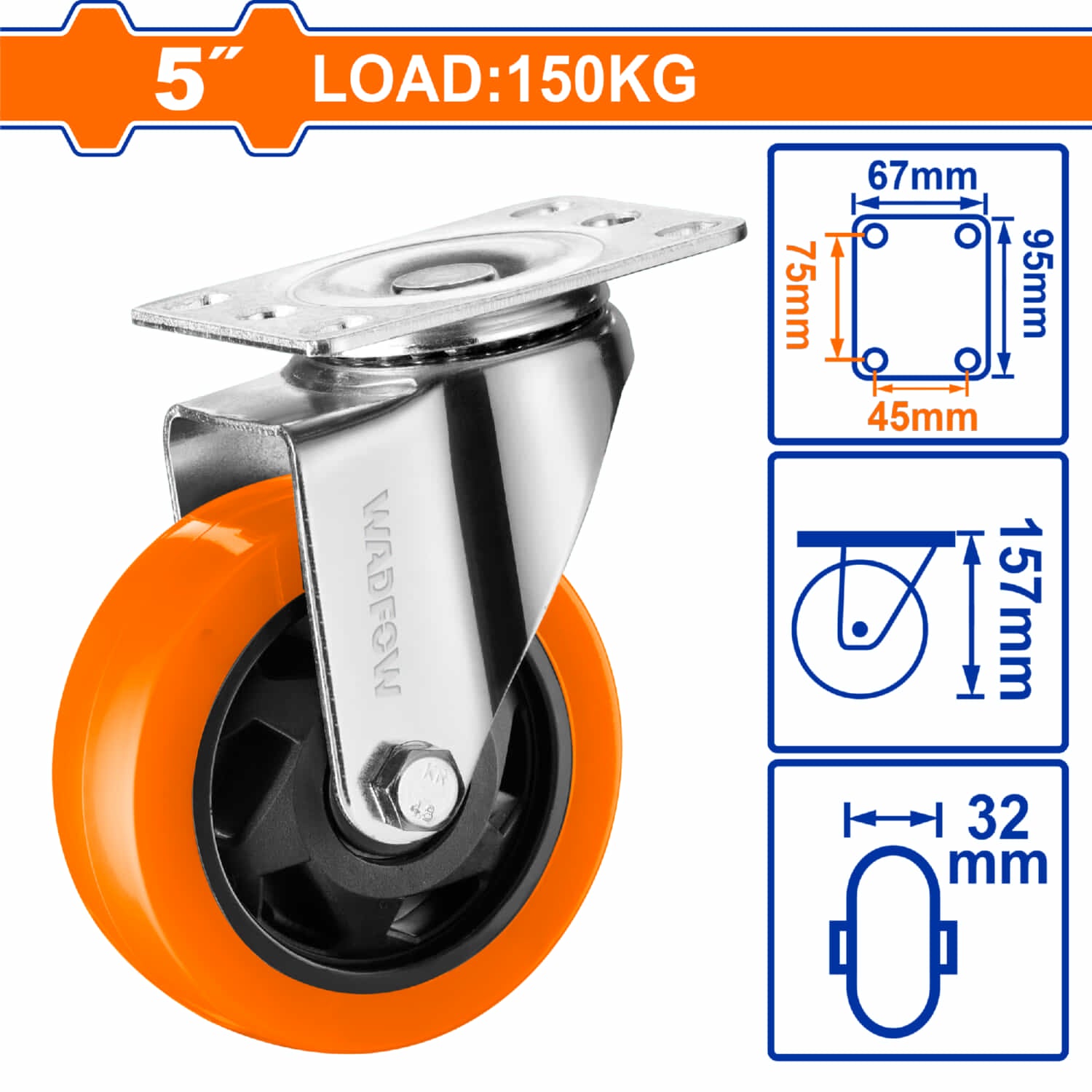 Rueda giratoria 5" Serie trabajo pesado Carga 150Kg Poliuretano PU naranja