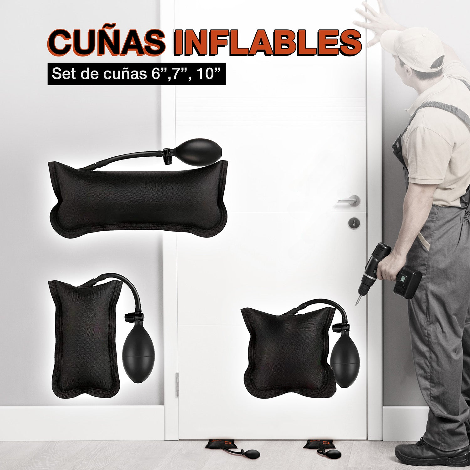 Cuña inflable, paquete de 3 cuñas de 10, 7 y 6 pulgadas.
