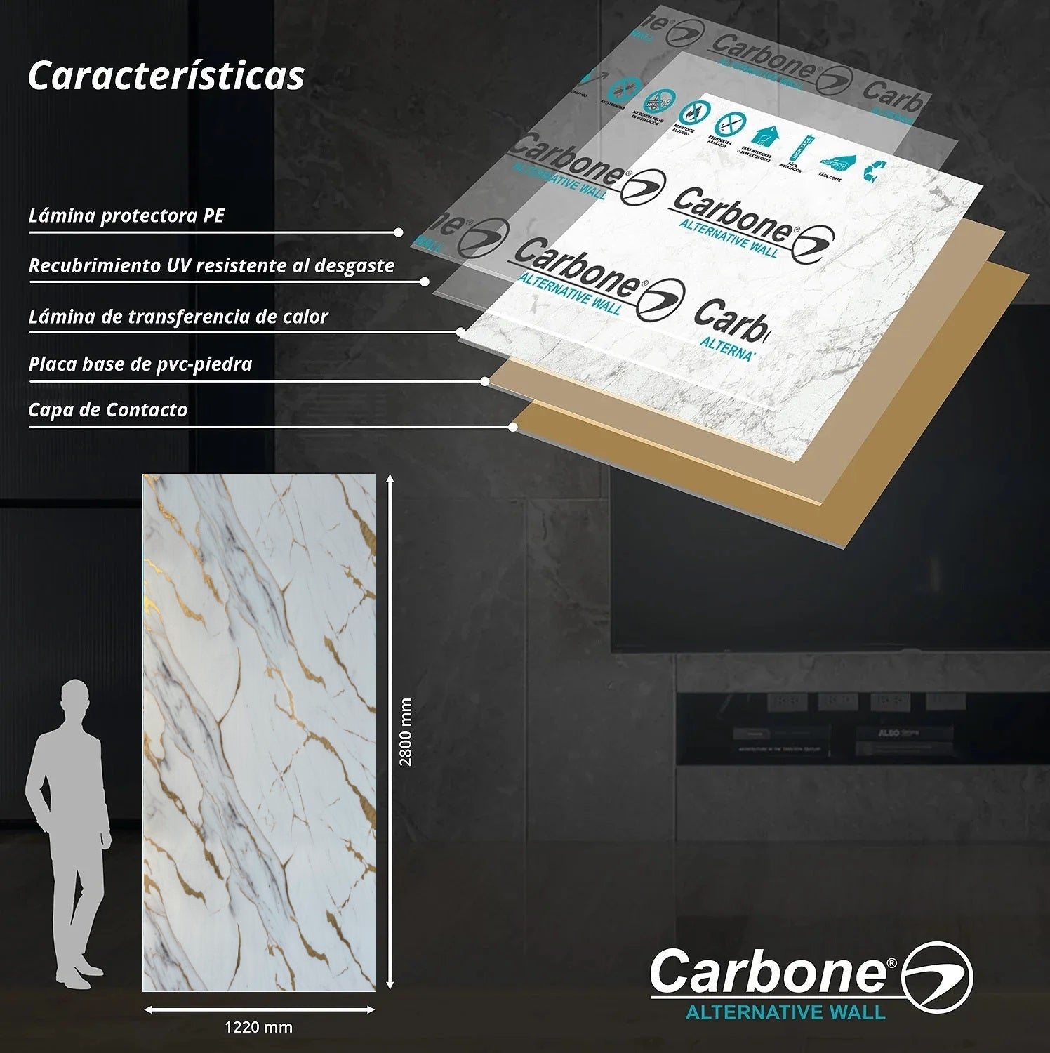 Panel Decorativo Mármol PVC 1.22 m x 2.80 m x 3 mm Marmol Calacatta Dorado. Láminas de PVC para paredes y techo.