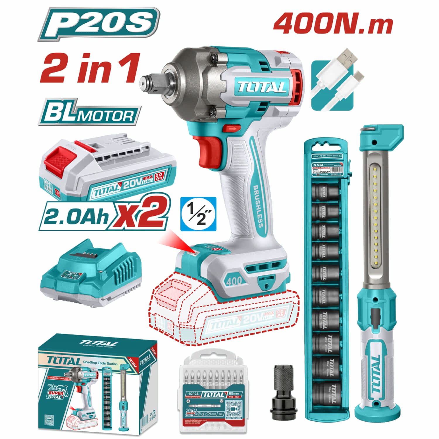Combo Total Llave de Impacto Inalámbrica 20V 1/2" 400Nm 2300rpm Motor sin escobillas con Lámpara de Trabajo 3.5W y Accesorios. POCAS UNIDADES