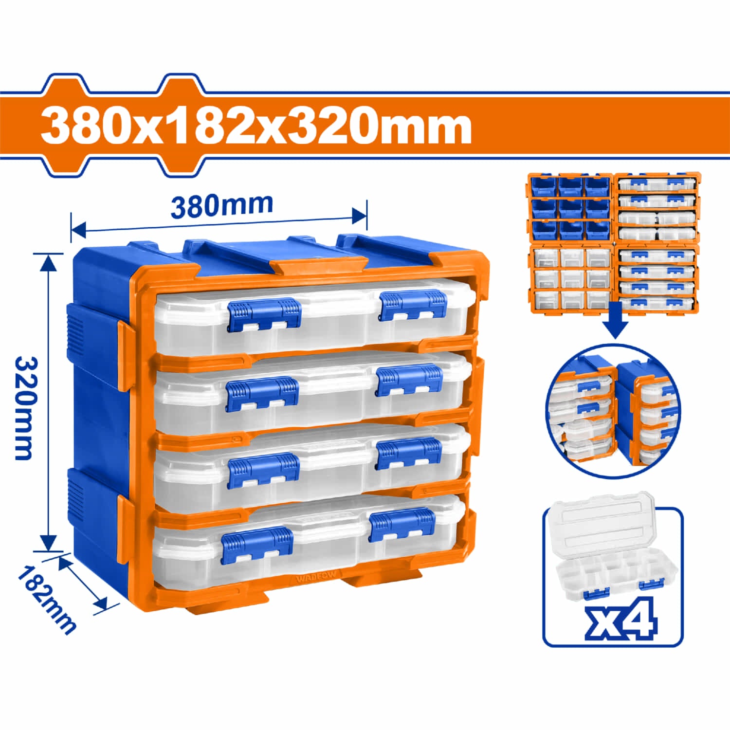 Organizador cajas plasticas modulares tipo torre. 380x182x320mm. Set de 4 piezas. Se une vertical u horizontal.