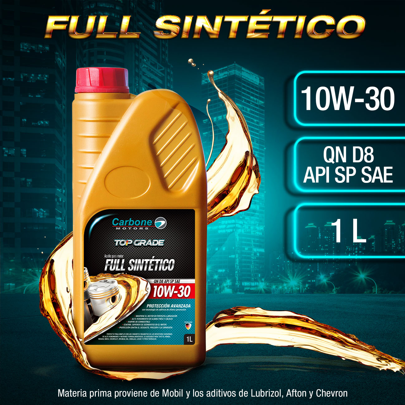 ACEITE DE MOTOR 10W-30 API SP SAE QN D8 FULL SINTETICO PARA MOTORES GASOLINA ( 1 LT )