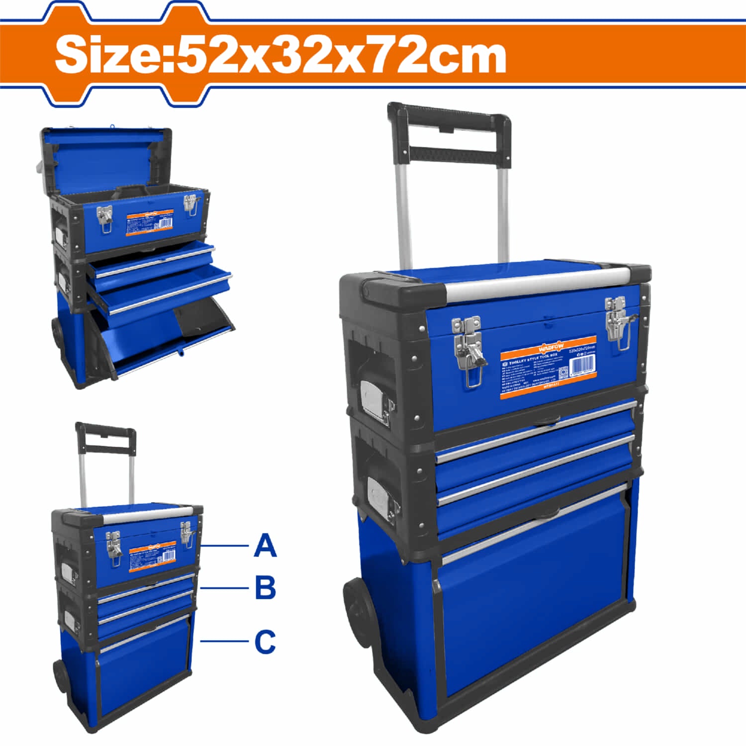 Caja de herramientas de servicio mecánico para taller estilo carrito Trolley con mango. Tamaño total: 520x320x720mm 3 bandejas