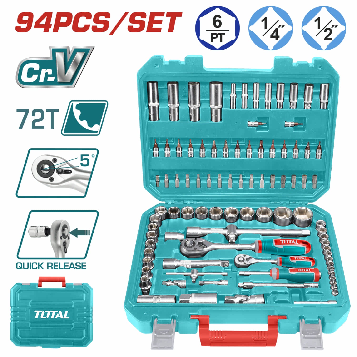 Dados Socket Ratchet Mango Kit 1/4" y 1/2" Cr-V 72T. Set 94 piezas variadas.